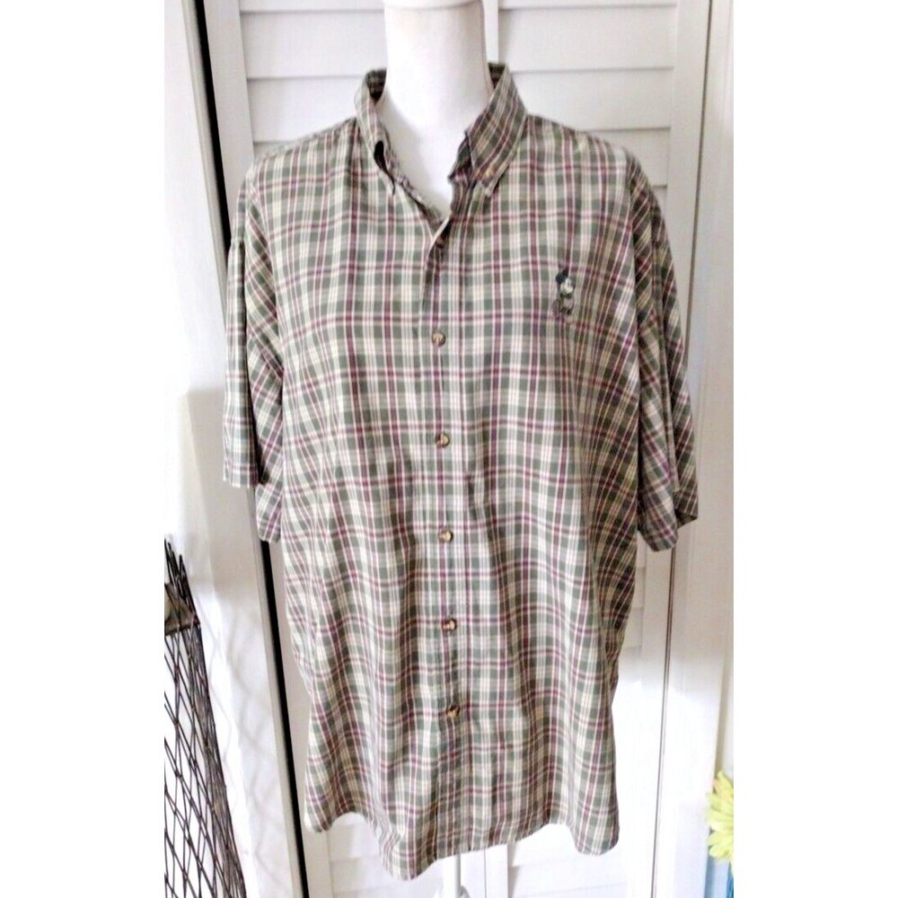 Walt Disney World men's green‎ checked short sleeve button down XL
